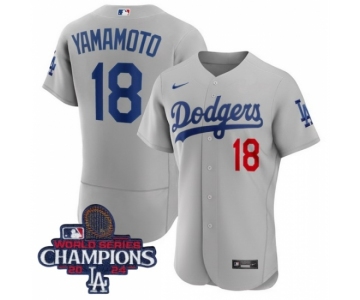 Men Nike Los Angeles Dodgers Yoshinobu Yamamoto #18 Gray Flex Base 2024 World Series Champions Stitched MLB Jersey