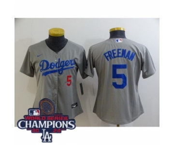 Women Nike Los Angeles Dodgers Freddie Freeman #5 Gray Flex Base 2024 World Series Champions Stitched MLB Jersey