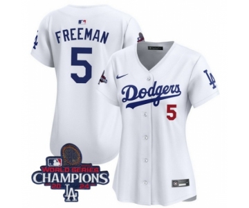 Women Nike Los Angeles Dodgers Freddie Freeman #5 White Flex Base 2024 World Series Champions Stitched MLB Jersey