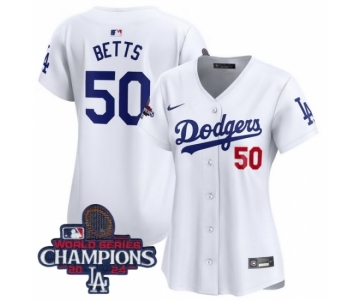 Women Nike Los Angeles Dodgers Mookie Betts #50 White Flex Base 2024 World Series Champions Stitched MLB Jersey