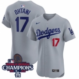 Women Nike Los Angeles Dodgers Shohei Ohtani #17 Gray Flex Base 2024 World Series Champions Stitched MLB Jersey