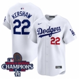 Youth Nike Los Angeles Dodgers Clayton Kershaw #22 White Flex Base 2024 World Series Champions Stitched MLB Jersey