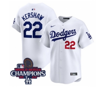 Youth Nike Los Angeles Dodgers Clayton Kershaw #22 White Flex Base 2024 World Series Champions Stitched MLB Jersey