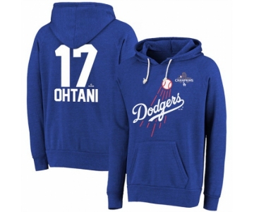 Men Los Angeles Dodgers 17 Shohei Ohtani Royal 2024 World Series Champions Name 26 Number Tri Blend Pullover Hoodie