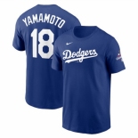 Men Los Angeles Dodgers 18 Yoshinobu Yamamoto Royal 2024 World Series Champions Name 26 Number T Shirt