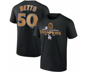 Men Los Angeles Dodgers 50 Mookie Betts Black 2024 World Series Champions Name 26 Number T Shirt