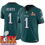 Men Philadelphia Eagles Jalen Hurts #1 Green 2024-2025 Super Bowl LIX F U S E Stitched NFL Jersey