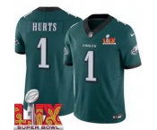 Men Philadelphia Eagles Jalen Hurts #1 Green 2024-2025 Super Bowl LIX F U S E Stitched NFL Jersey