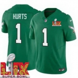 Men Philadelphia Eagles Jalen Hurts #1 Kelly Green2024-2025 Super Bowl LIX F U S E Stitched NFL Jersey