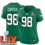 Women Philadelphia Eagles Jalen Carter #98 Kelly Green 2024-2025 Super Bowl LIX F U S E Stitched NFL Jersey