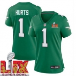 Women Philadelphia Eagles Jalen Hurts #1 Kelly Green 2024-2025 Super Bowl LIX F U S E Stitched NFL Jersey