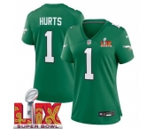 Women Philadelphia Eagles Jalen Hurts #1 Kelly Green 2024-2025 Super Bowl LIX F U S E Stitched NFL Jersey