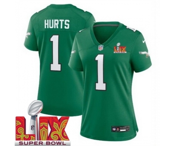 Women Philadelphia Eagles Jalen Hurts #1 Kelly Green 2024-2025 Super Bowl LIX F U S E Stitched NFL Jersey