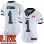 Women Philadelphia Eagles Jalen Hurts #1 White 2024-2025 Super Bowl LIX F U S E Stitched NFL Jersey