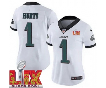 Women Philadelphia Eagles Jalen Hurts #1 White 2024-2025 Super Bowl LIX F U S E Stitched NFL Jersey