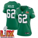 Women Philadelphia Eagles Jason Kelce #62 Kelly Green 2024-2025 Super Bowl LIX F U S E Stitched NFL Jersey