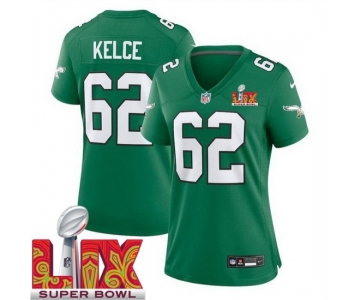 Women Philadelphia Eagles Jason Kelce #62 Kelly Green 2024-2025 Super Bowl LIX F U S E Stitched NFL Jersey