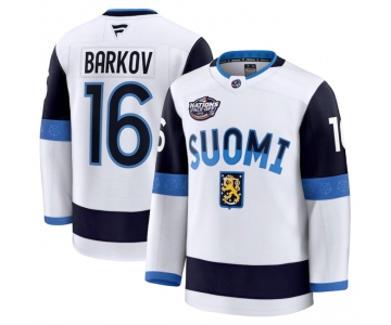 Men's Finland #16 Aleksander Barkov White 2025 4 Nations Face-Off Premium Stitched Jersey