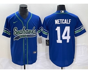 Men's Seattle Seahawks #14 DK Metcalf Blue With Patch Cool Base Stitched Baseball Jersey