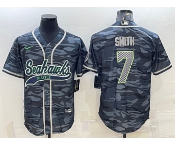 Men's Seattle Seahawks #7 Geno Smith Grey Camo With Patch Cool Base Stitched Baseball Jersey