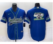 Men's Seattle Seahawks Big Logo Blue With Patch Cool Base Stitched Baseball Jersey