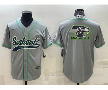 Men's Seattle Seahawks Gray Team Big Logo With Patch Cool Base Stitched Baseball Jerse