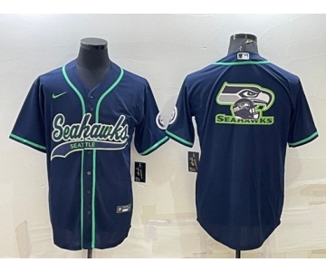 Men's Seattle Seahawks Navy Team Big Logo With Patch Cool Base Stitched Baseball Jersey