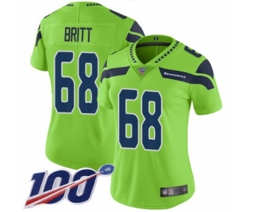 Women's Seattle Seahawks #68 Justin Britt Limited Green Rush Vapor Untouchable 100th Season Football Jersey