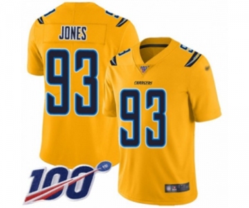 Men's Los Angeles Chargers #93 Justin Jones Limited Gold Inverted Legend 100th Season Football Jersey