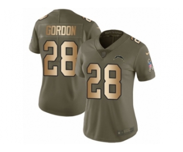 Women Nike Los Angeles Chargers #28 Melvin Gordon Limited Olive Gold 2017 Salute to Service NFL Jersey