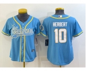 Women's Los Angeles Chargers #10 Justin Herbert Blue With Patch Cool Base Stitched Baseball Jersey