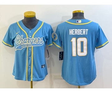 Women's Los Angeles Chargers #10 Justin Herbert Blue With Patch Cool Base Stitched Baseball Jersey