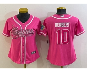 Women's Los Angeles Chargers #10 Justin Herbert Pink With Patch Cool Base Stitched Baseball Jersey