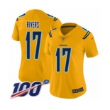 Women's Los Angeles Chargers #17 Philip Rivers Limited Gold Inverted Legend 100th Season Football Jersey