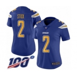 Women's Los Angeles Chargers #2 Easton Stick Limited Electric Blue Rush Vapor Untouchable 100th Season Football Jersey