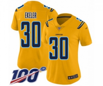 Women's Los Angeles Chargers #30 Austin Ekeler Limited Gold Inverted Legend 100th Season Football Jersey