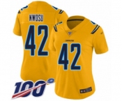 Women's Los Angeles Chargers #42 Uchenna Nwosu Limited Gold Inverted Legend 100th Season Football Jersey