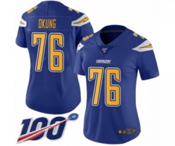 Women's Los Angeles Chargers #76 Russell Okung Limited Electric Blue Rush Vapor Untouchable 100th Season Football Jersey