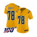 Women's Los Angeles Chargers #78 Trent Scott Limited Gold Inverted Legend 100th Season Football Jersey