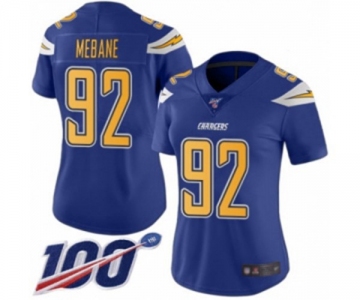 Women's Los Angeles Chargers #92 Brandon Mebane Limited Electric Blue Rush Vapor Untouchable 100th Season Football Jersey