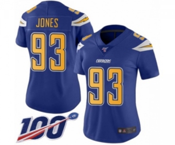 Women's Los Angeles Chargers #93 Justin Jones Limited Electric Blue Rush Vapor Untouchable 100th Season Football Jersey