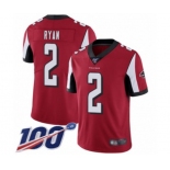 Men's Atlanta Falcons #2 Matt Ryan Red Team Color Vapor Untouchable Limited Player 100th Season Football Jersey