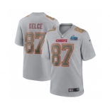 Men's Kansas City Chiefs #87 Travis Kelce Gray Super Bowl LVII Patch Atmosphere Fashion Stitched Game Jersey