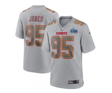 Men's Kansas City Chiefs #95 Chris Jones Gray Super Bowl LVII Patch Atmosphere Fashion Stitched Game Jersey