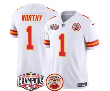 Men's Kansas City Chiefs #1 Xavier Worthy White F.U.S.E. 2024 AFC West Division Champions Vapor Limited Stitched Football Jersey