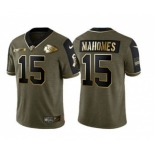 Men's Kansas City Chiefs #15 Patrick Mahomes 2021 Olive Salute To Service Golden Limited Stitched Football Jersey