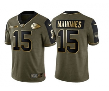 Men's Kansas City Chiefs #15 Patrick Mahomes 2021 Olive Salute To Service Golden Limited Stitched Football Jersey