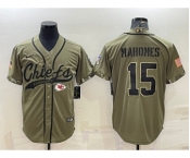 Men's Kansas City Chiefs #15 Patrick Mahomes 2022 Olive Salute to Service Cool Base Stitched Baseball Jersey