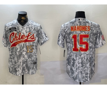 Men's Kansas City Chiefs #15 Patrick Mahomes 2024 Arctic Camo Salute To Service Stitched Baseball Jerseys