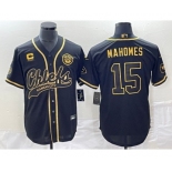 Men's Kansas City Chiefs #15 Patrick Mahomes Black Gold C Patch Cool Base Stitched Baseball Jersey